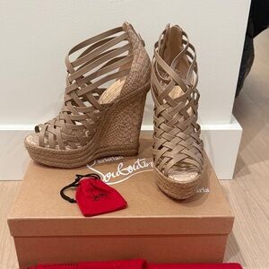 Christian Louboutin Tan Strappy Wedge Sandals
